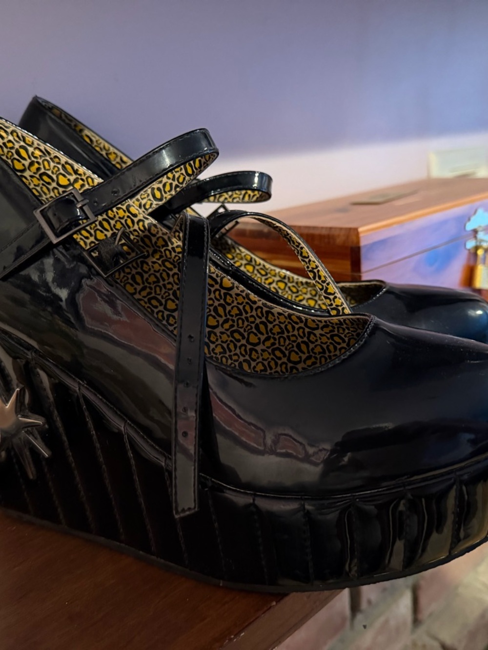T.U.K. Lux de Ville Black Patent Mary Jane Platform Wedges with Leopard Lining